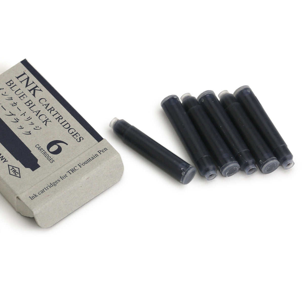 six blue-black ink cartridges and their kraft package