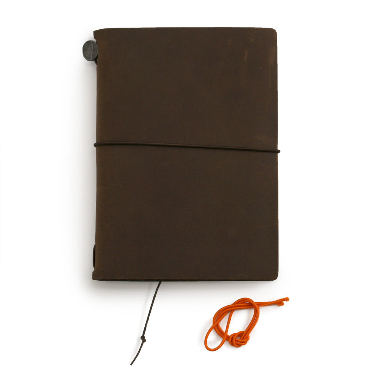 Brown leather notebook cover with the extra orange elastic