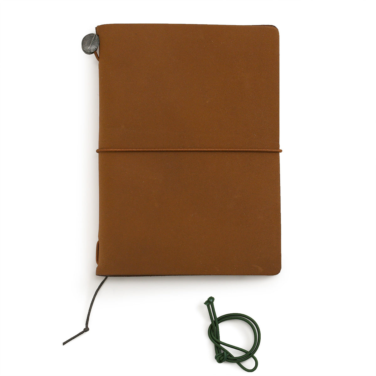 Camel coloured leather notebook cover with dark green extra elastic