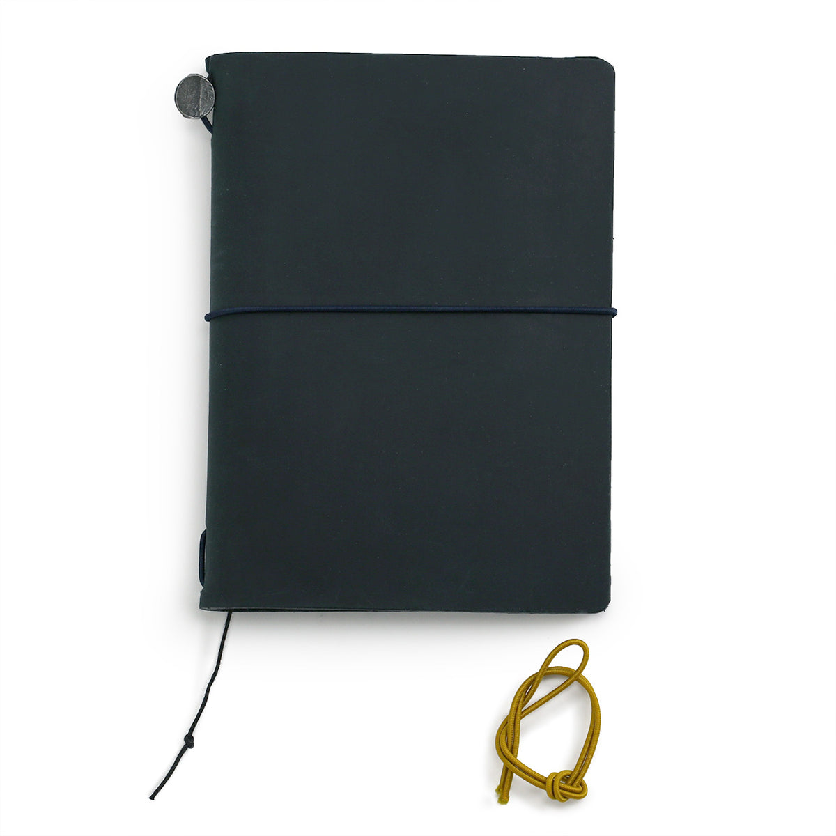 dark blue leather notbook cover with the extra mustard coloured elastic