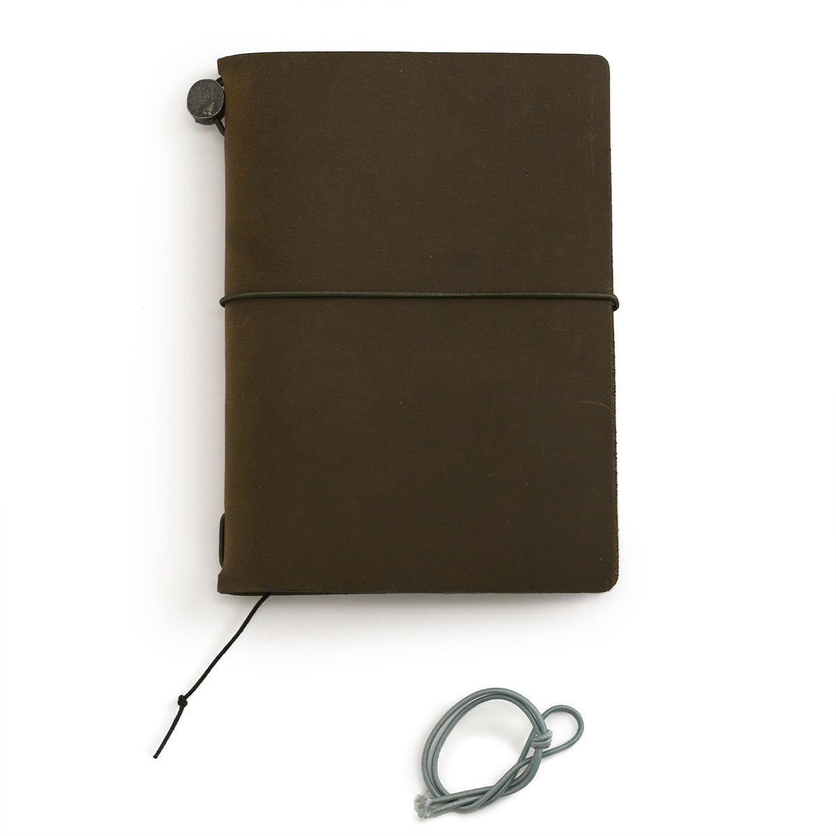 Olive coloured leather notebook cover in passport size wih eexyra light blue elastic