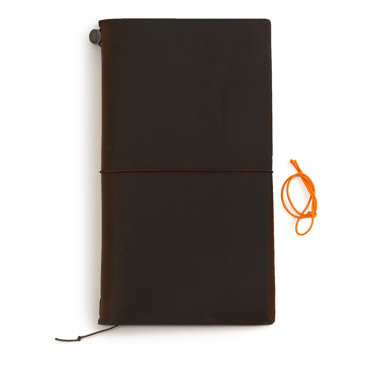 Traveler&#39;s Notebook in brown leather showing the extra orange elastic