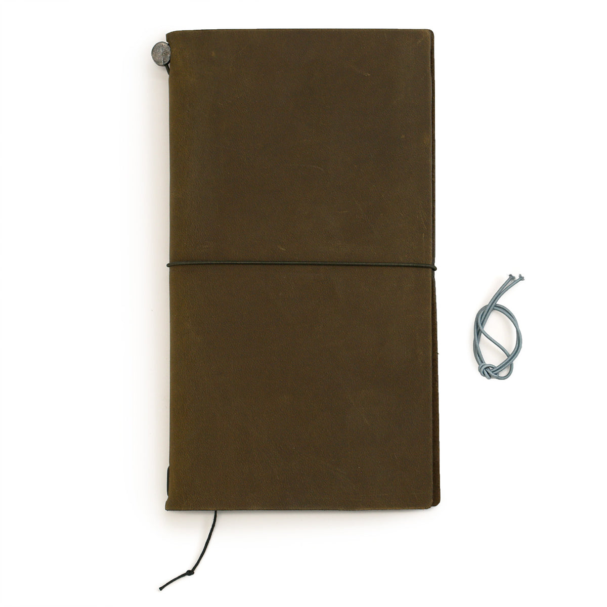 Traveler&#39;s Notebook in olive coloured leather showing the extra grey-blue elastic