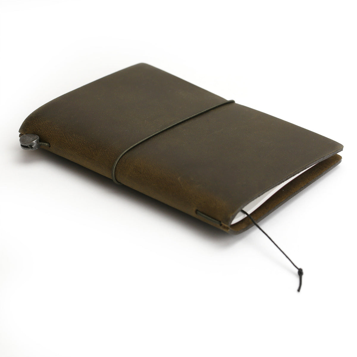 Olive Passport sized notebook cover, three-quarter angle