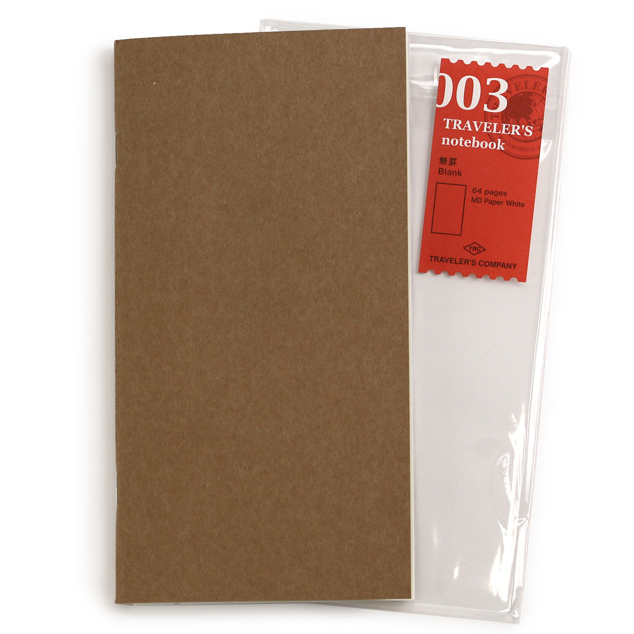 003 Traveler's notebook blank refill 6 pages of MD paper, showing the kraft front cover and red 003 label on the bag