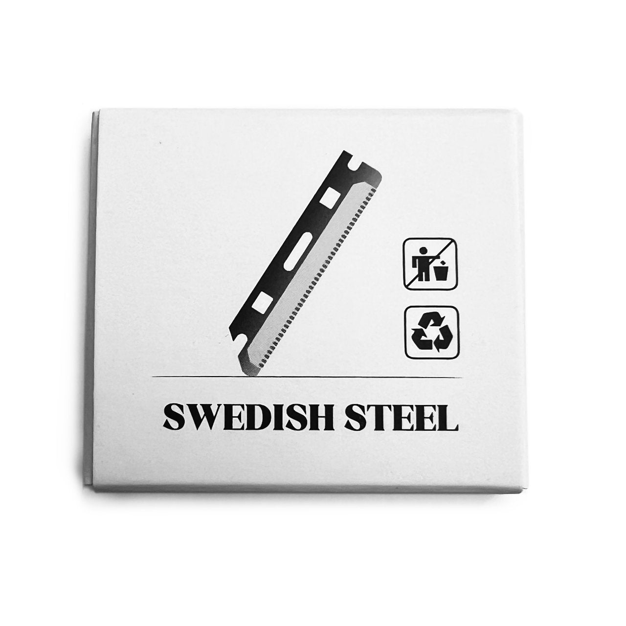 The back of the refill eyebrow razor pack shows a blade , Recycle logos and the words "Swedish Steel"