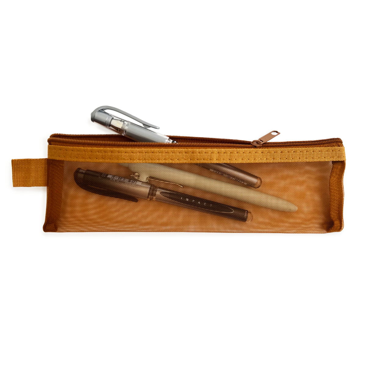 Antique Gold coloured mesh pencil case with pens visible inside 