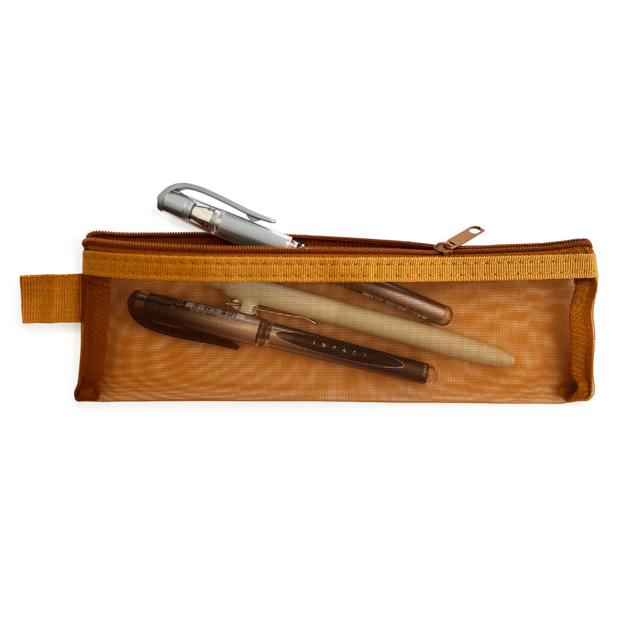 Antique Gold coloured mesh pencil case with pens visible inside 