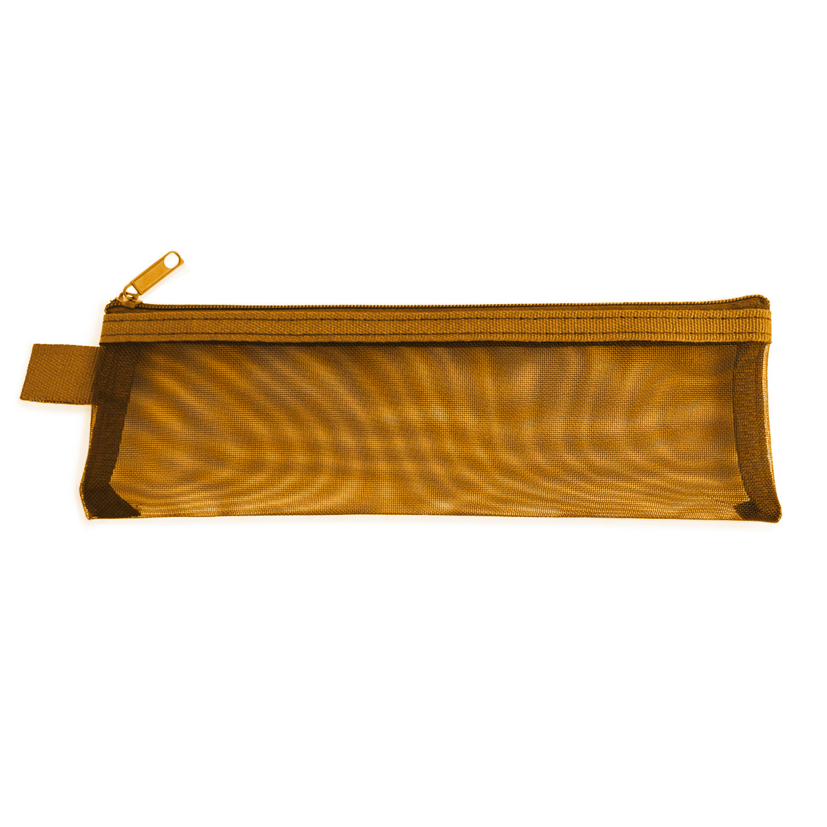 Mustard coloured zippered transparent pouch on a white background