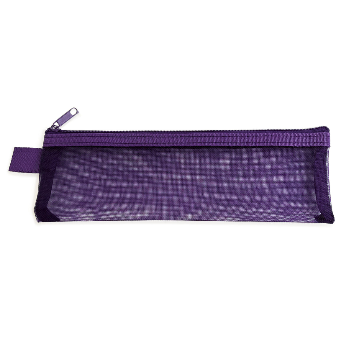 Purple  transparent mesh pencil case with a zipper and woven ribbon trim