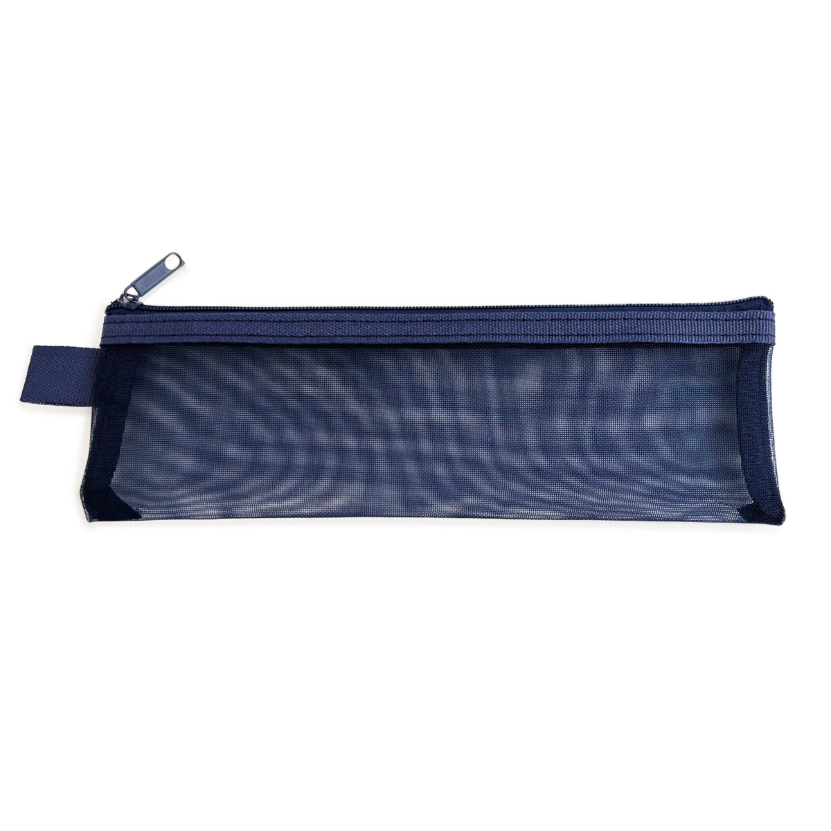 Navy blue pencil case with a zipper from a flat side view