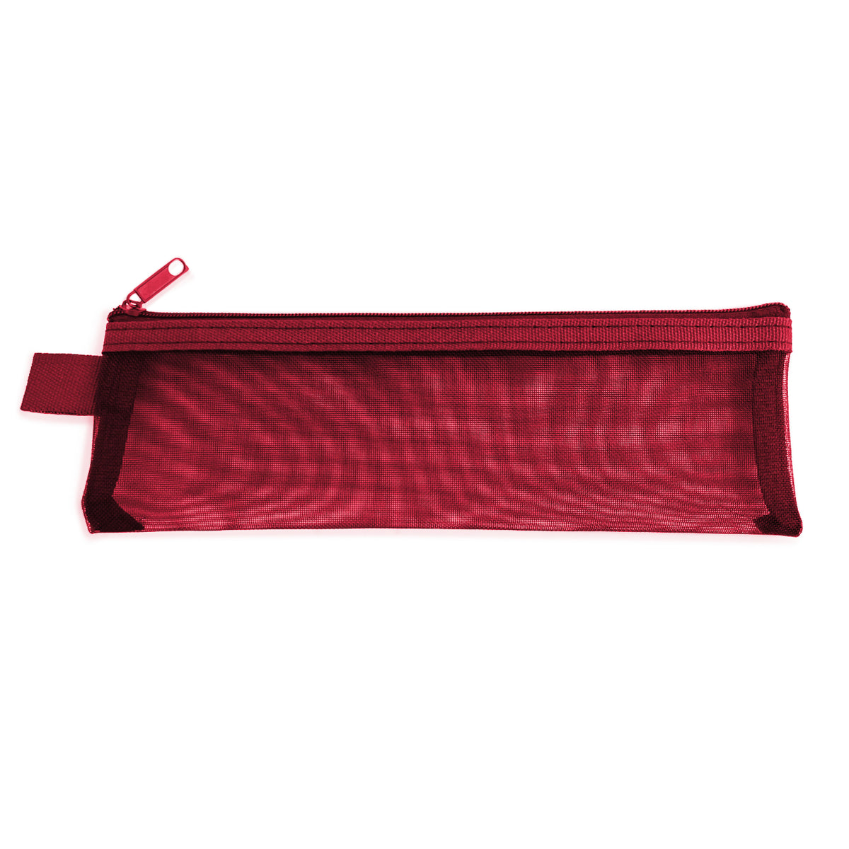 Raspberry red pencil case with a zipper and woven pull-tag on a white background
