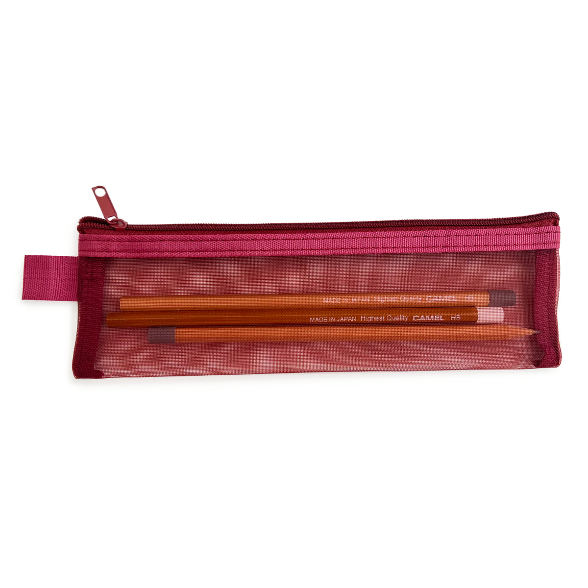 Raspberry transparent pencil case containing two pencils on a white background (pencils not included)