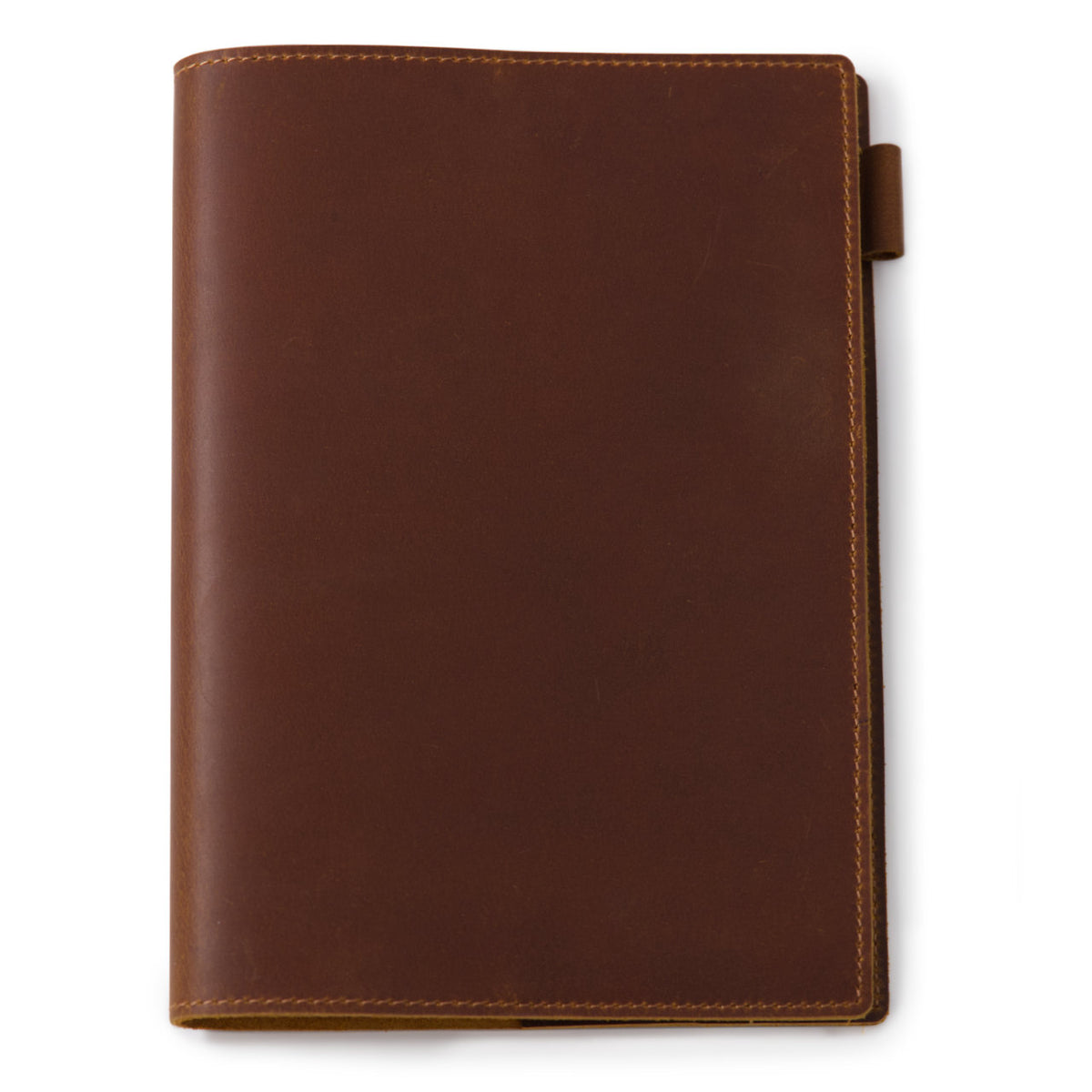 Brown leather notebook cover seen closed with the penloop visible at the side