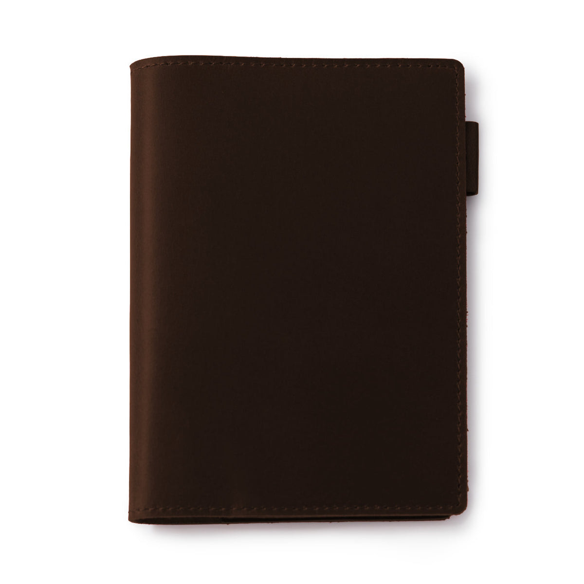 Dark Coffee leather notebook cover, front cover shown top-down