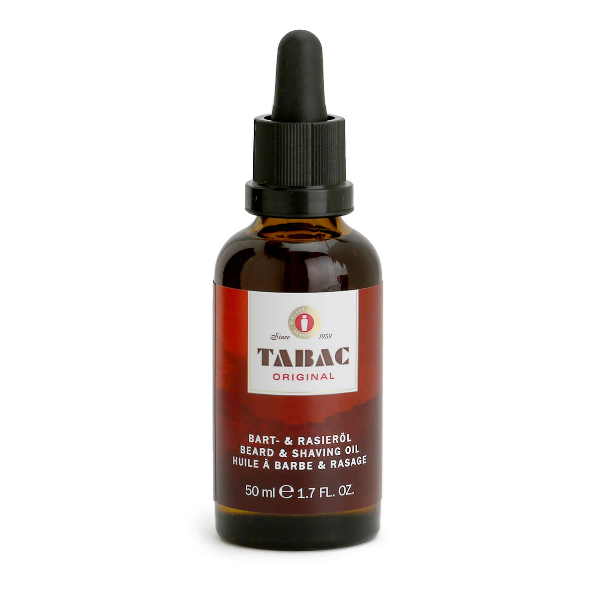 Tabac Beard oil in n amber bottle with black dropper-lid