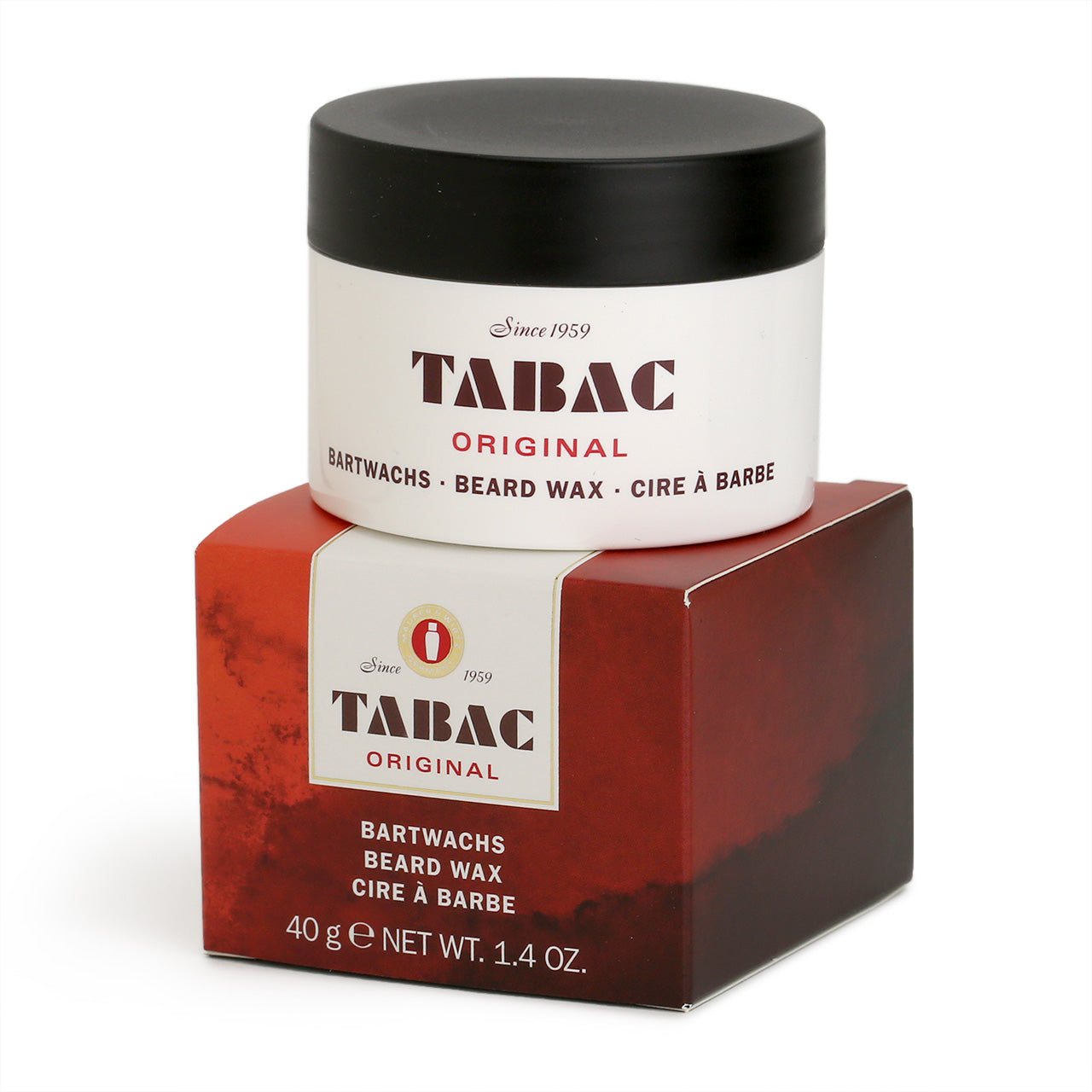 Tabac Original Beard Wax tub sitting on the signature packaging