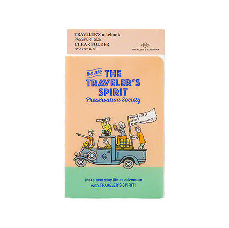 Traveler&#39;s notebook clear folder with illustration of people on a van and text on a beige background