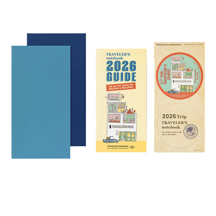 Blue 2026 Diary cover for the regular sized traveler's notebook refill, weekly with memo on a white background