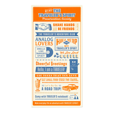 Traveler&#39;s Company backing card to fit Regular size notebooks, with blue and orange graphics one the front