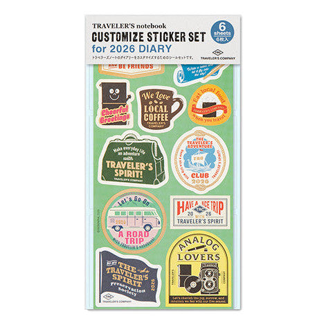 Packaging of Traveler's Company customize sticker set for 2026 diary on a white background
