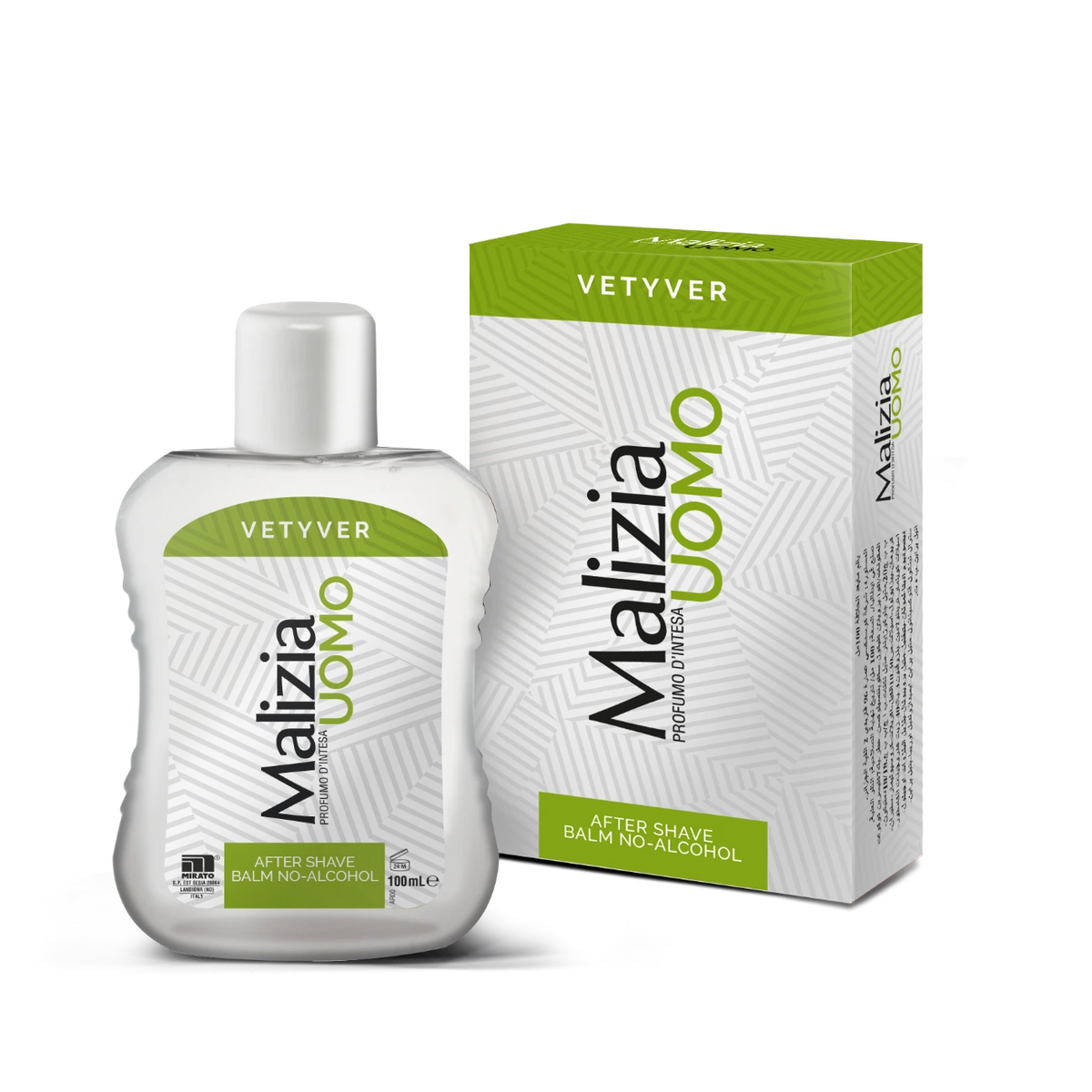 Vetyver Malizia Uomo After Shave Balm in a white bottle with green label, accompanied by its packaging box.