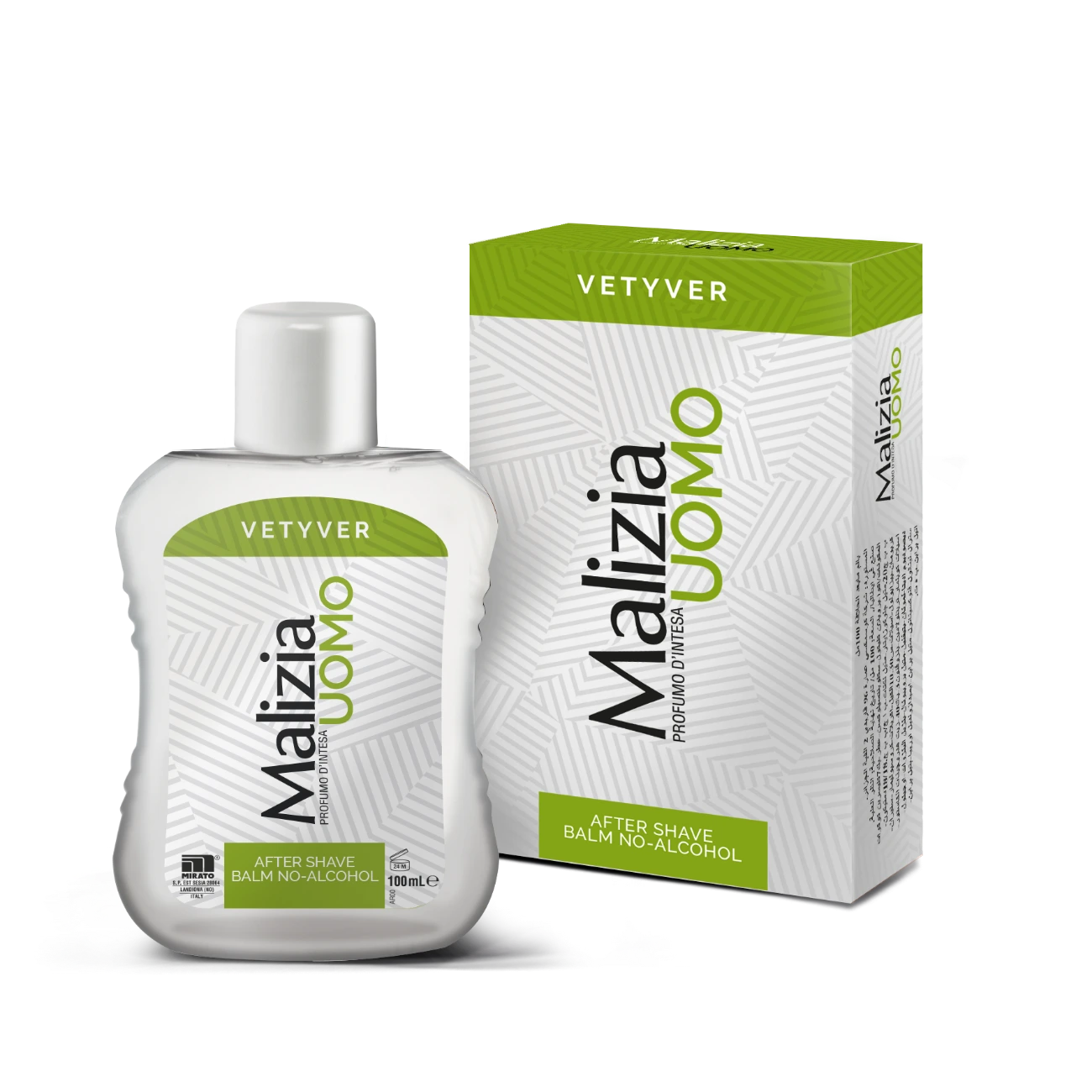 Vetyver Malizia Uomo After Shave Balm in a white bottle with green label, accompanied by its packaging box.