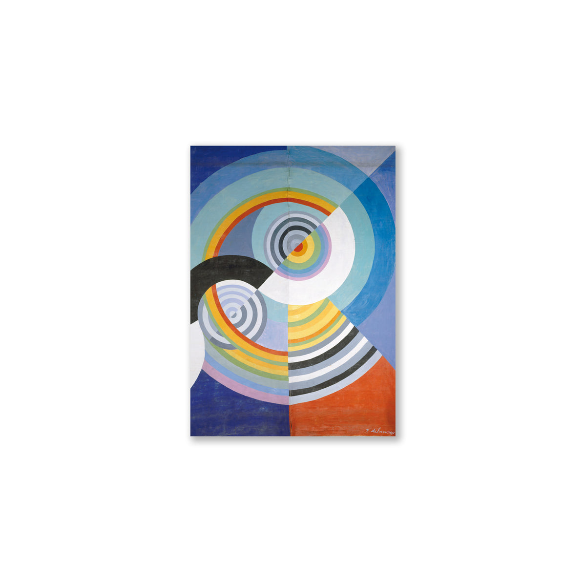 Abstract art print with concentric circles in various colors on a white background