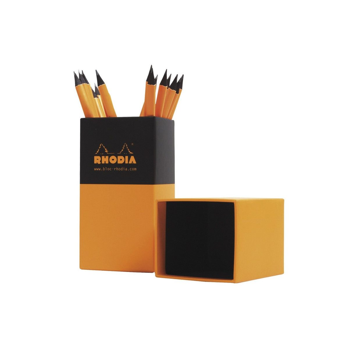 Orange pen holder with black lid featuring Rhodia logo, containing pencils.