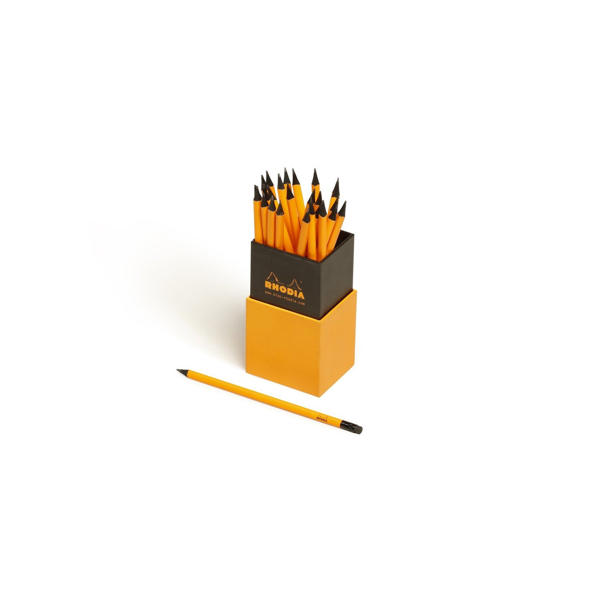 Set of pencils with a black and orange holder on a white background