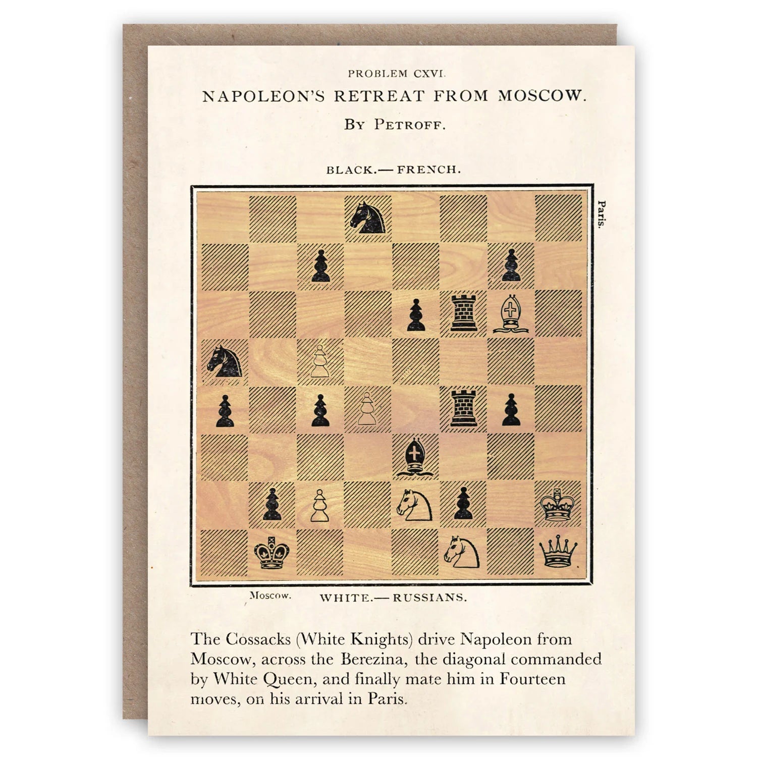 Chessboard with pieces and text on a beige background