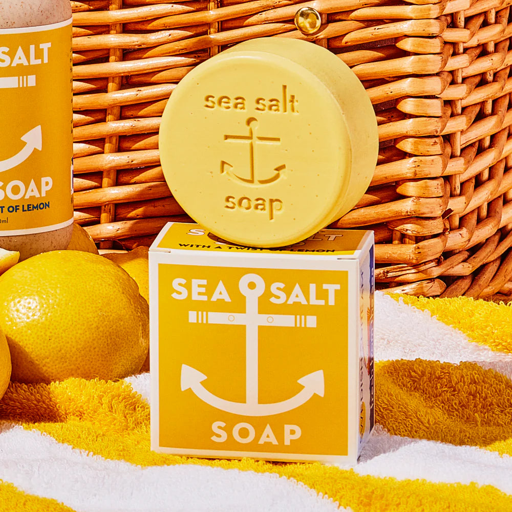 Sea salt soap with packaging featuring an anchor design on a white background