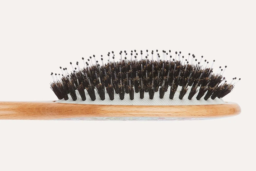 Bristle brush with wooden handle on a white background