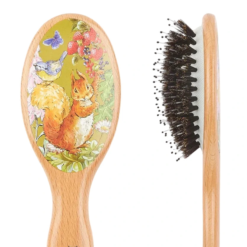 Hairbrush with a squirrel and floral design on the handle, showing bristle side.