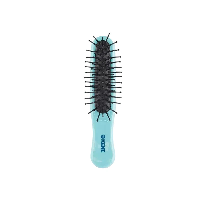 A Kent hairbrush with a light blue handle and black bristles, shown vertically against a light gray background.