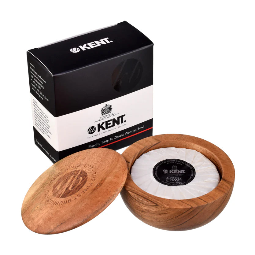 Paper-wrapped Kent Shaving Soap in a wooden bowl with it's black card box