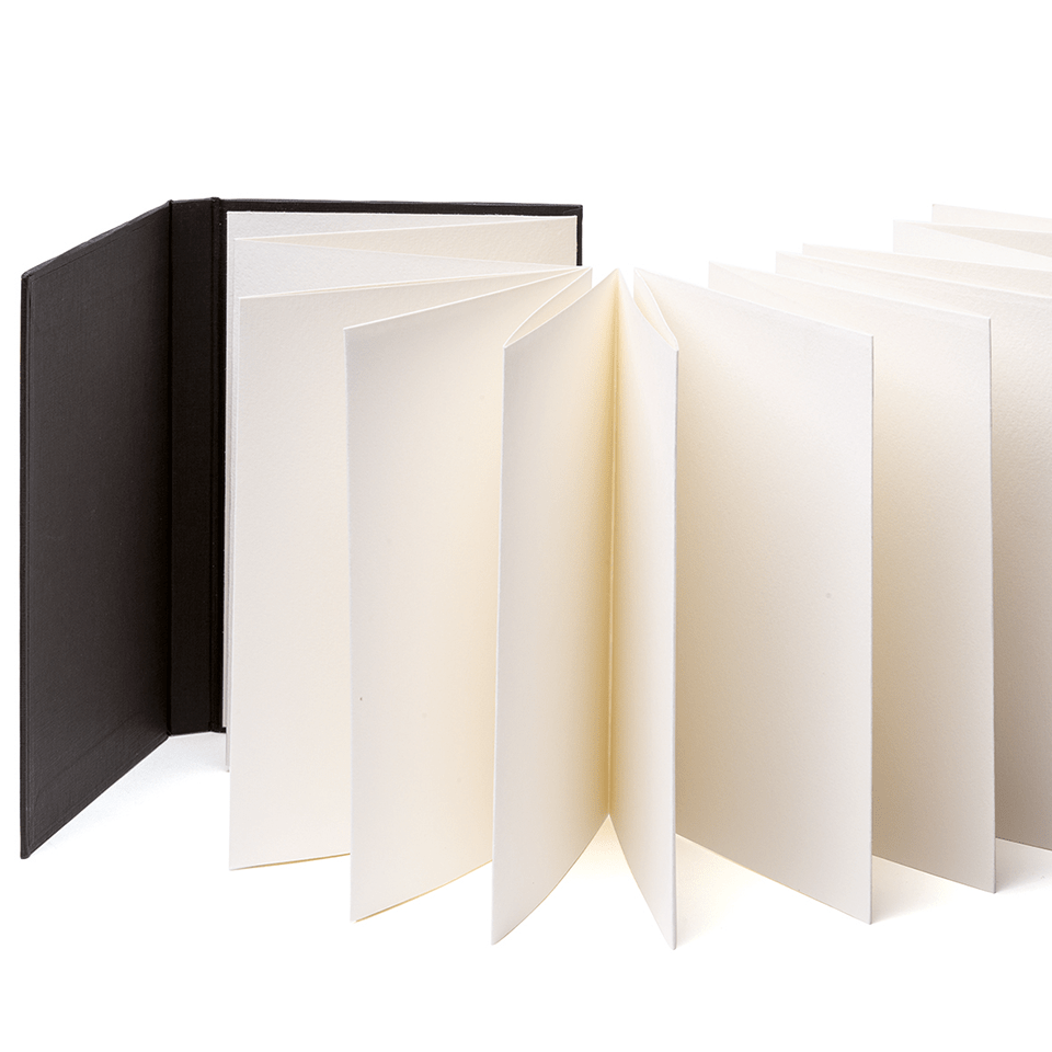 Open notebook with black cover on a white background