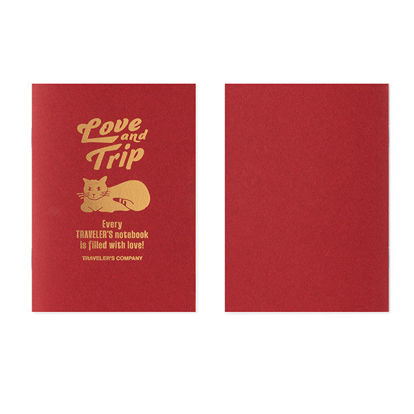 Red Traveler's Notebook refill in passport size has rich red paper cover with gold foil cat design