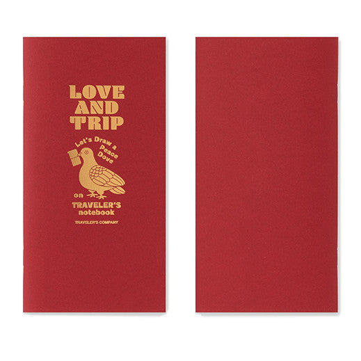 Love and Trip special edition refill notebook has a gold foil cover design on red textured card and blank cream pages