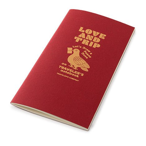 Love and Trip special edition refill notebook has a gold foil cover design on red textured card and blank cream pages