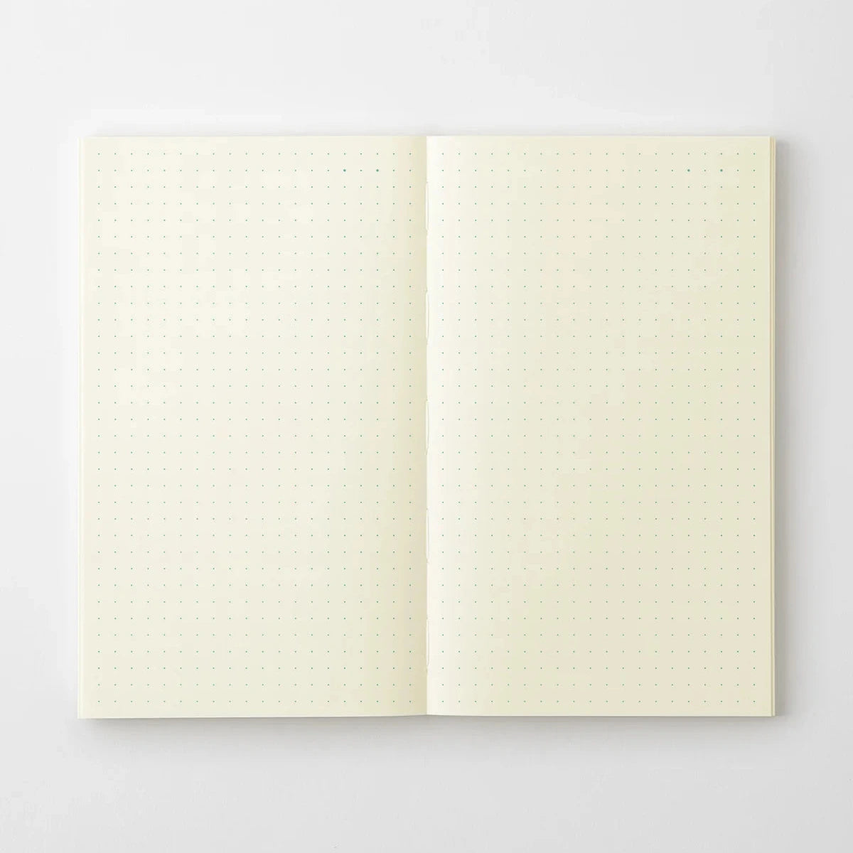 An open notebook with two cream-colored dotted pages, displayed flat against a light gray background.