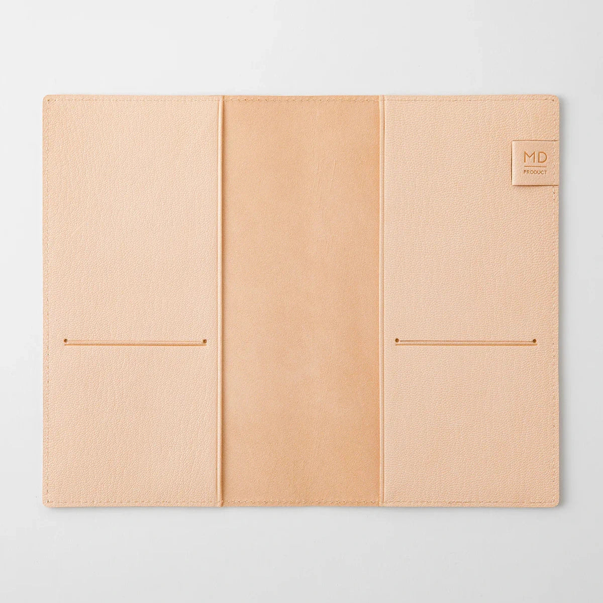 Beige folder with a brand logo on a light gray background