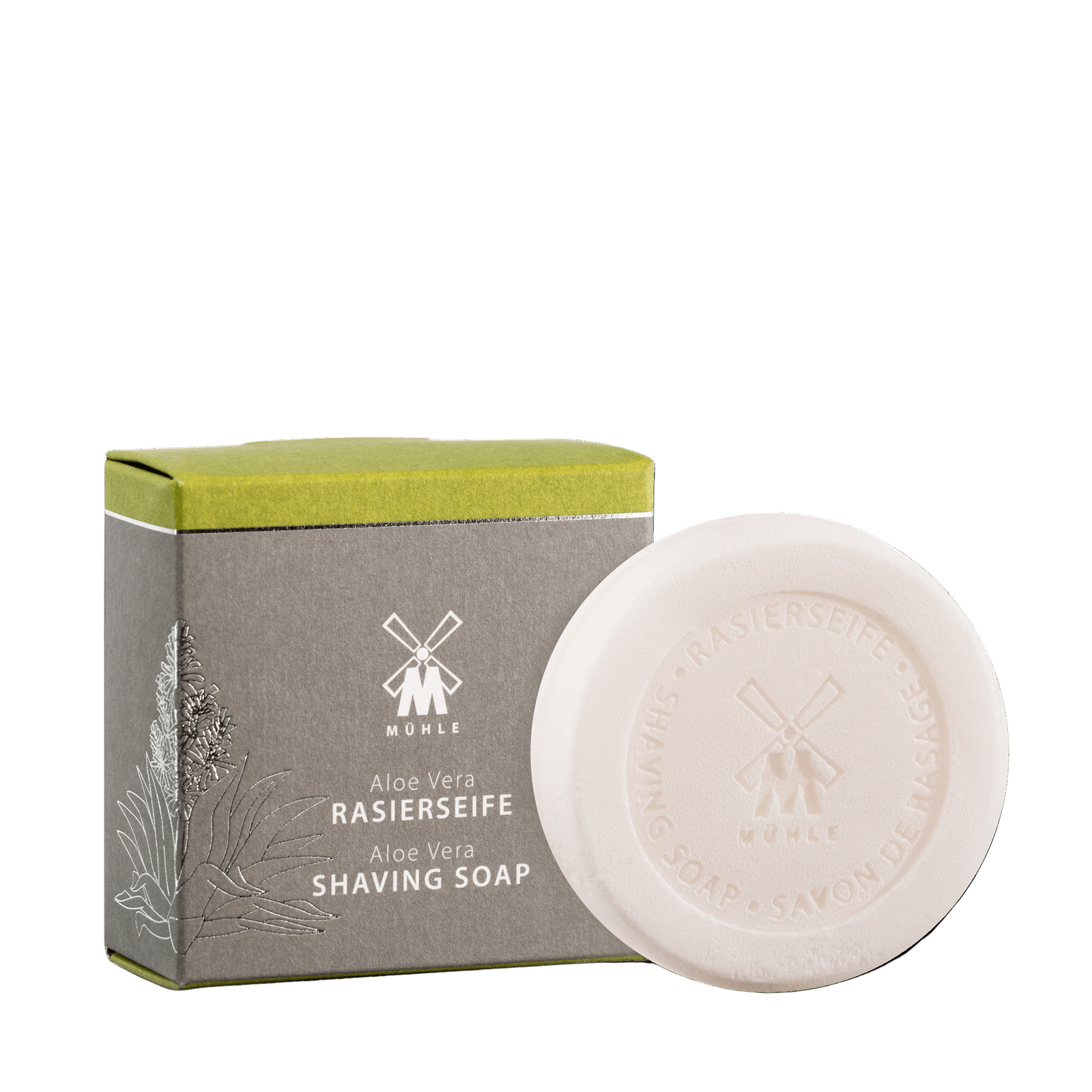 Packaging and bar of Mühle shaving soap, with branding and 'Aloe Vera' text visible.
