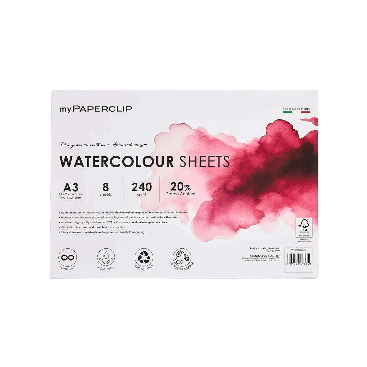 myPaperclip watercolour sheets packaging with watercolour design on a white background