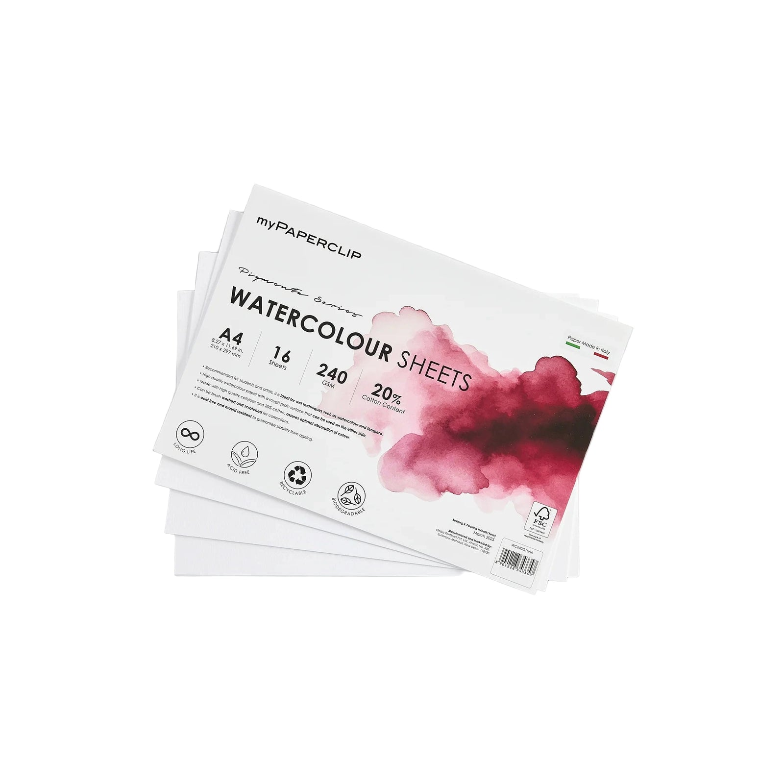 Pack of watercolor sheets with a red and pink watercolor design on a white background