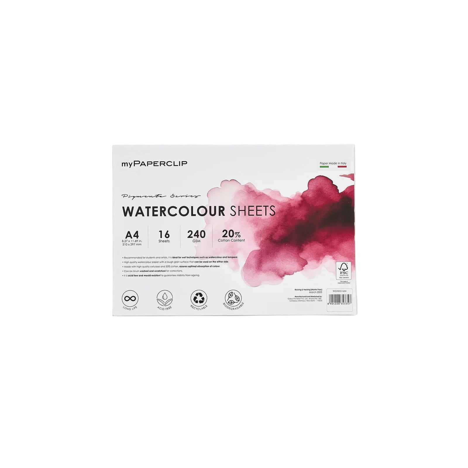 Pack of watercolor sheets with a red and pink watercolor design on a white background