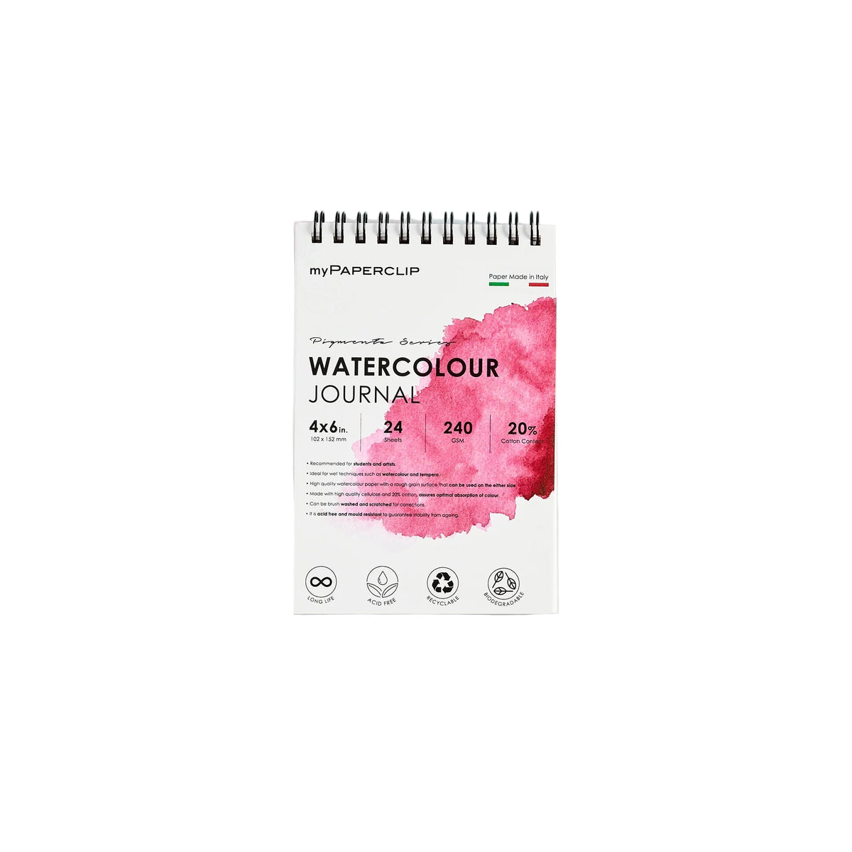 Watercolour journal with pink watercolour design on a white background