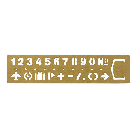 Gold-colored label with numbers, symbols, and icons on a white background
