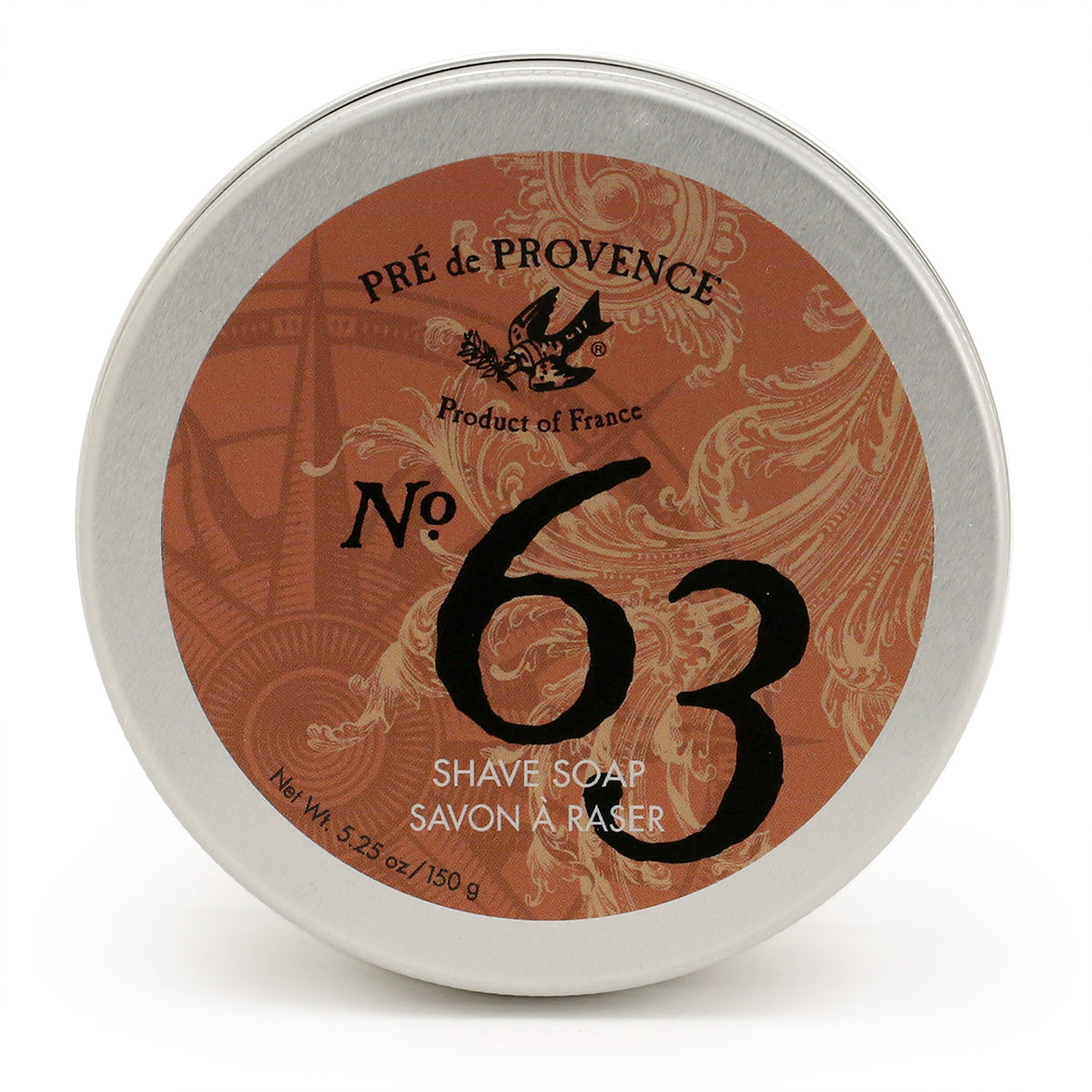Pre de Provence 63 SHaving soap, showing the top of the tin with ornate orange and black label