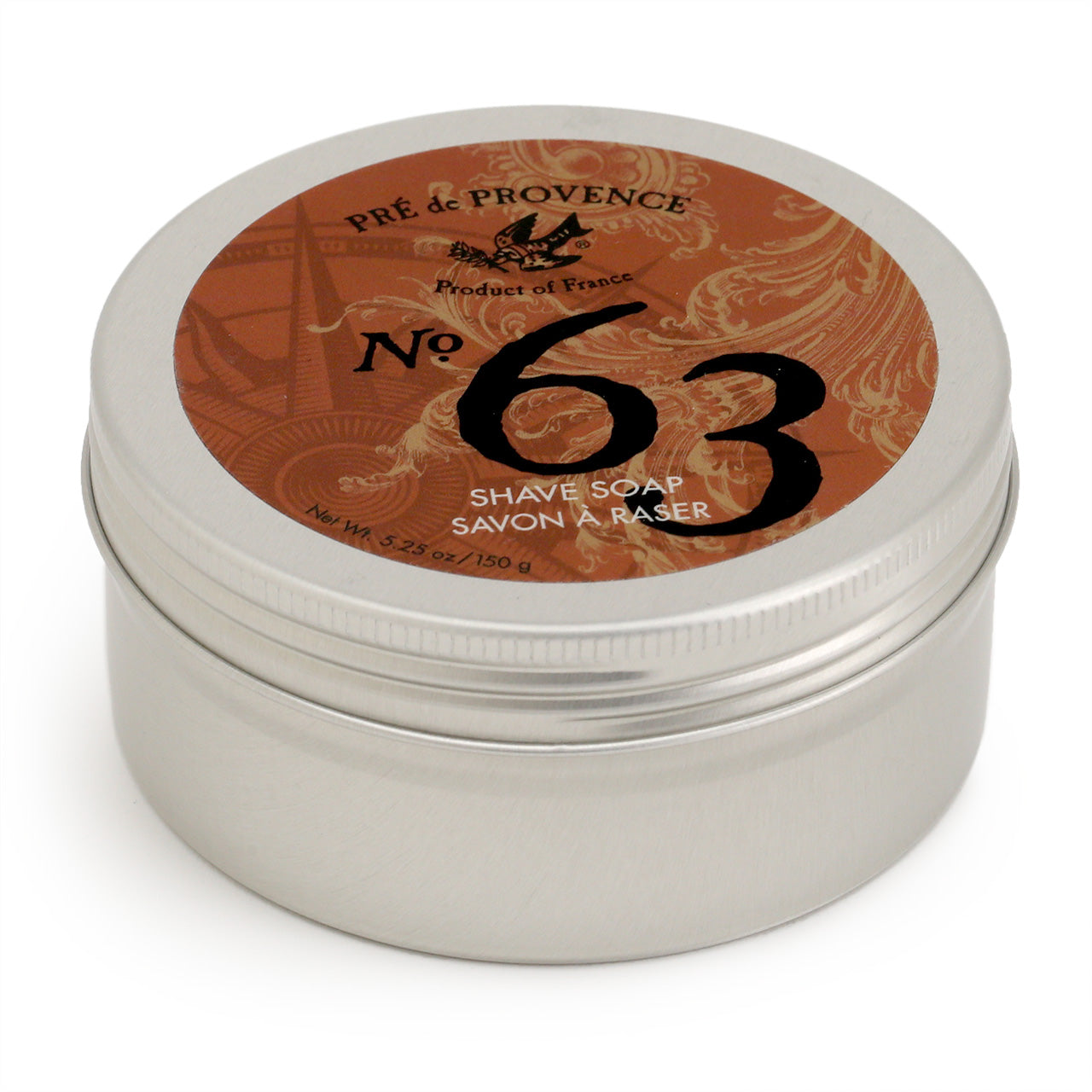 Pre de Provence 63 SHaving soap, showing the top of the tin with ornate orange and black label